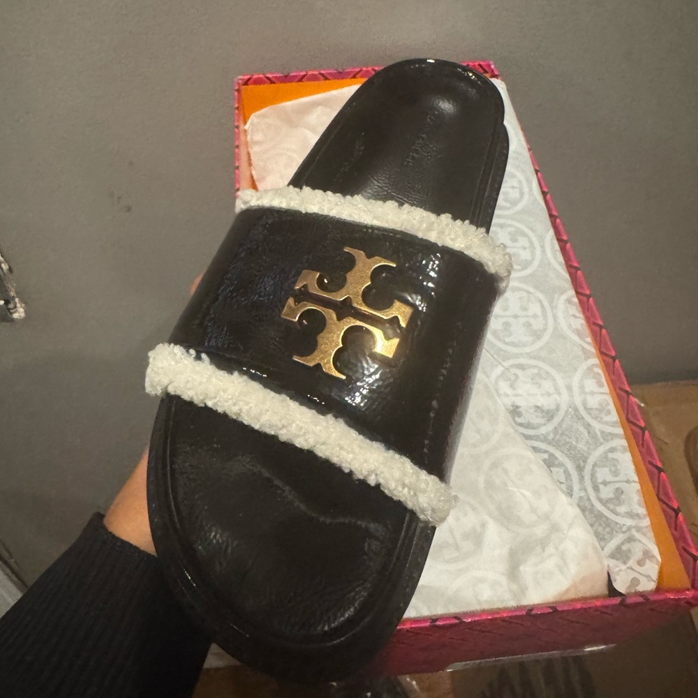 Tory Burch Black and Cream Slide Sandals